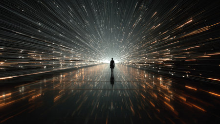 A silhouette figure stands within a luminous environment, composed of converging light trails. The dark background contrasts with the bright lines creating a sense of motion. The composition suggests an indoor setting with a focus on visual effects suitable for commercial design or editorial purposes.の素材