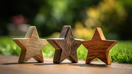 Three wooden stars are displayed on a wooden surface with a blurred green background. The stars vary in shades of brown, showcasing wood grain. The composition features soft lighting with a shallow depth of field, suitable for various commercial applications.の素材