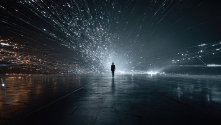 A lone silhouette stands centered against a backdrop of converging light bursts. The image displays a cool color palette with prominent blues and blacks, suggesting a futuristic or technological setting. The composition emphasizes depth, with reflective surfaces adding dimension. This visual is suitable for various commercial or artistic applications.の素材