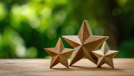 Three wooden stars of varying sizes sit on a wooden surface, set against a blurred, vibrant green background. The warm tones of the wood contrast with the soft green, creating a visually appealing composition. This image could be used for representing achievement, recognition, or for various commercial and editorial projects.の素材