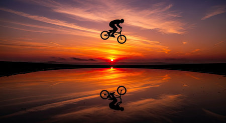 A silhouette of a BMX rider is captured mid-air, performing a trick against a vibrant sunset. The composition features a reflection in the water, doubling the visual impact. This image conveys action and adventure, suitable for use in promotional materials or editorial content.の素材