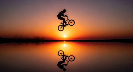 A silhouette of a bicyclist performing a jump is captured against a vibrant sunset. The composition includes the rider and bicycle reflected in tranquil water, creating a symmetrical visual. The warm hues of the sky and the water's surface contrast with the dark form of the subject, suitable for various creative projects.の素材