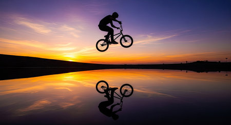 A silhouette of a BMX rider in mid-air above calm water against a vibrant sunset sky. The image showcases a colorful display of orange and purple hues reflecting in the water, creating a symmetrical composition. This striking visual could be suitable for various commercial or editorial applications.の素材