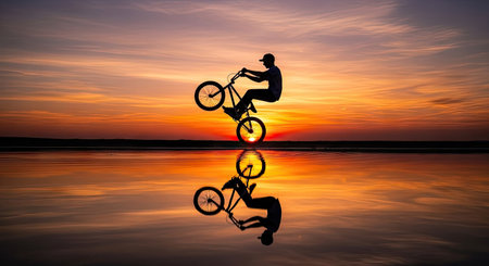 A silhouette of a cyclist executing a stunt on a bicycle is set against a sunset. The image displays a vibrant gradient of orange and yellow hues, complemented by the mirrored reflection on the water. Suitable for various projects including advertising, editorial content, and design elements.の素材