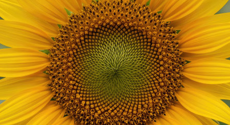 A close-up shot showcases a sunflower, revealing its intricate spiral seed pattern and vibrant yellow petals. The composition highlights the flower's textured details, suggesting a natural outdoor setting with bright sunlight. This image is suitable for various commercial uses, including illustrations and design projects.の素材