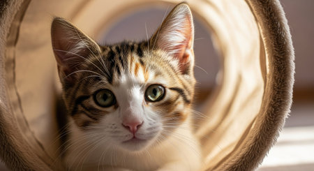 A close-up shot captures a feline with a spotted coat looking directly at the camera. The cat is inside a round tunnel, which is highlighted with warm light. This image could be used for various purposes, including editorial content, social media, or advertising related to pets.の素材
