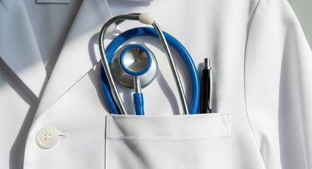 A close-up captures a white medical coat featuring a blue stethoscope and a pen tucked into the pocket. The image showcases a clean and crisp aesthetic with soft lighting. This versatile visual element can be used in a range of medical and healthcare-related promotional materials and editorials.の素材