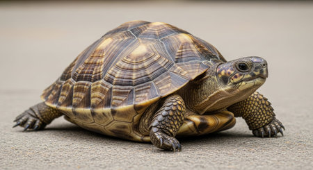 A tortoise is featured in a close-up shot, its patterned shell and textured skin displayed in detail. The image utilizes natural lighting, emphasizing the tortoise's color palette. The composition may be suitable for illustrating wildlife, environmental themes, or educational materials.の素材