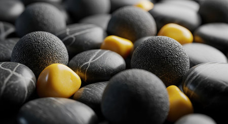 An overhead shot showcases a collection of gray and yellow stones. The composition features smooth, rounded forms with subtle textures, contrasted by the polished surfaces of the yellow ones. This creates a visually interesting pattern under even lighting. Suitable for use in various design projects, including digital art and background imagery.の素材