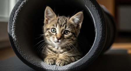 A tabby kitten sits inside a dark tube, its eyes focused on the viewer. The image features a shallow depth of field, highlighting the cat's face and fur. The lighting suggests an indoor setting with potential for use in animal care or lifestyle content.の素材