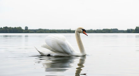 A graceful white swan floats serenely on the water. The bird's feathers display a pristine white, contrasting with the soft gray tones of the water and the overcast sky. The composition emphasizes the swan's elegance, with potential uses in nature, wildlife, or serene-themed projects.の素材