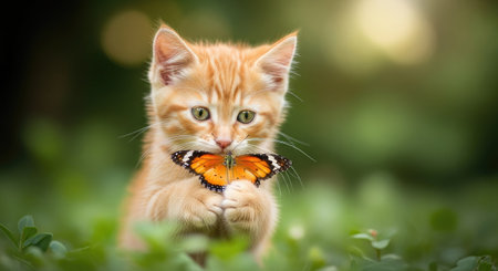 A ginger kitten holds a butterfly in its paws, set against a blurred background of green foliage. The scene features warm colors and shallow depth of field, suggesting a peaceful daytime setting. This image is suitable for various commercial uses, including advertising and editorial content.の素材