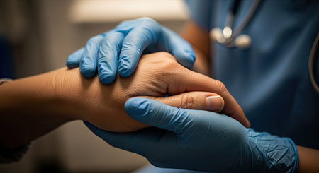 A close-up captures hands clasped together, suggesting care and support. One hand wears a blue glove, gently holding another. The soft lighting and shallow depth of field draw focus, creating an atmosphere of compassion. This image could be used for healthcare articles or materials related to well-being.の素材