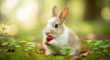 A rabbit consumes a berry, captured in a natural setting. The image displays the animal with brown and white fur, surrounded by lush green foliage and blurred background. Warm sunlight filters through, illuminating the scene. Suitable for a range of uses including editorial or commercial projects.の素材