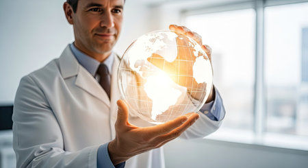 A man in a lab coat is holding a glowing globe, possibly representing innovation. The image features soft lighting and a blurred background. This visual could be useful in illustrating concepts related to technology, research, or international cooperation, suitable for various commercial applications.の素材