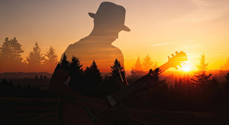 This image showcases a musician silhouetted against a vibrant sunset, overlaid with a forest scene. The composition utilizes warm colors and backlighting, creating a dramatic effect. Suitable for various creative projects, including editorial content and promotional materials, this image can be used to evoke feelings of inspiration and musical passion.の素材