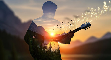 A silhouette of a person playing a guitar merges with a vibrant sunset landscape. The image features warm colors and a soft focus, suggesting a tranquil outdoor setting. Musical notes and birds emanate from the guitar, enhancing the artistic composition. Suitable for various creative and editorial uses.の素材