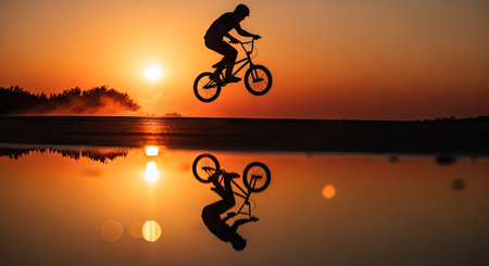 A silhouette captures a BMX rider in mid-air above water, set against a vibrant orange and yellow sunset. The reflection in the water mirrors the action. The composition uses dramatic lighting. Suitable for promotional materials and editorial content. Ideal for themes of sport and freedom.の素材