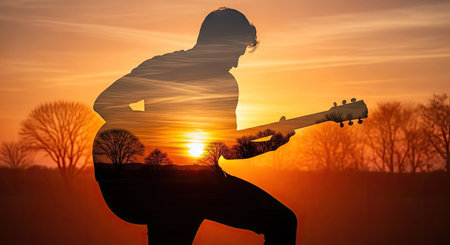 A silhouette depicts a person playing a guitar, set against the backdrop of a vibrant sunset. The composition uses contrasting colors, with a dark figure and a bright, orange sky. The image suggests a peaceful moment, suitable for various editorial and commercial applications. The scene is likely outdoors, during the golden hour.の素材