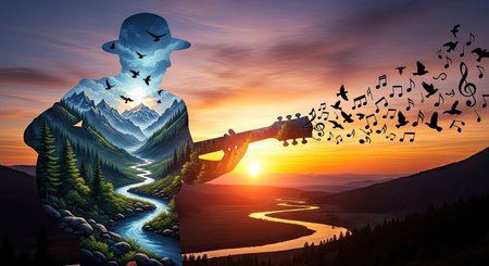 A silhouette of a guitarist is filled with a landscape of mountains, rivers, and trees. Birds and musical notes emanate from the guitar. Warm colors and a sunset create an outdoor setting. This image may be suitable for various commercial and editorial applications, especially those involving music or nature.の素材