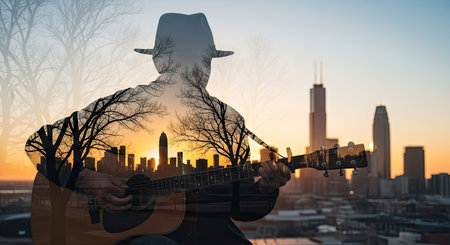 An individual plays a guitar against an urban backdrop during a sunset. The image displays a silhouette, showcasing a musician and instruments, set against a warm-toned sky. This composition provides a visual of the skyline. Ideal for uses related to music, urban themes, and artistic expression.の素材