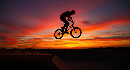 A cyclist is silhouetted against a brilliant sunset, performing a stunt on a bicycle. The image features a dynamic composition with a dark figure contrasted against a fiery sky of oranges, reds, and yellows. This photograph could be utilized for various commercial and editorial purposes.の素材
