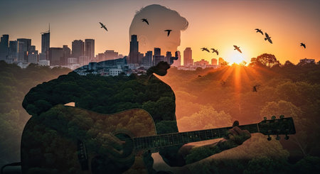 This image features a silhouette of a person playing a guitar, superimposed over a cityscape and a vibrant sunrise. The composition includes trees, birds, and an orange and yellow sky. The overall style is artistic, with a focus on blending natural and urban elements, suitable for various commercial uses.の素材