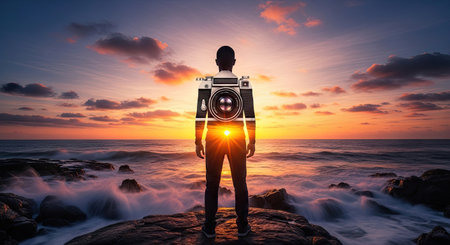A silhouette of a person with a camera body overlay stands before a vibrant sunset. The composition features a serene ocean and rocky foreground. Rich colors of orange and blue create a dynamic atmosphere. Suitable for use in visual content, this image captures a visual representation of photography.の素材