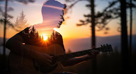 A person plays guitar silhouetted against a forest and a vibrant sunset. The image blends the figure with the environment, featuring warm colors, and soft textures. This artistic composition could be suitable for various uses, including promotional materials or editorial content.の素材