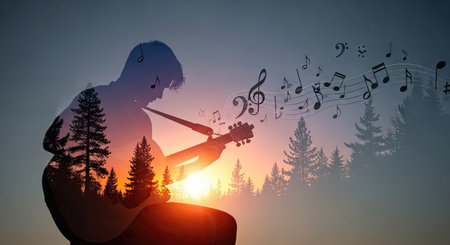 A silhouette depicts a person playing a guitar, accompanied by musical notes emerging from the instrument. The image overlays a forest landscape with a sunset. The composition uses a blend of colors and textures suggesting a creative or artistic theme. Suitable for projects related to music, art, or conceptual design.の素材