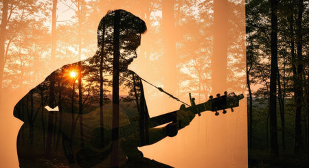An artistic image features a silhouette of a person playing a guitar, blended with a forest scene. The color palette primarily uses warm tones. The composition includes an overlay of trees and sunlight. The style suggests artistic expression, suitable for various editorial and commercial applications.の素材