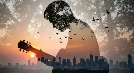 This image showcases a silhouette of a person playing a guitar, seamlessly blended with a cityscape and trees. Warm colors from the setting sun create a dramatic backdrop. The composition combines elements of nature and urban life. Potential uses include editorial illustrations or designs for music-related projects.の素材