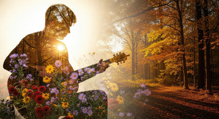 This composite image features a guitarist silhouetted against a vibrant landscape. The artwork blends the musician with flowers and a forest setting, showcasing warm sunlight and rich colors. The composition could be used for various projects, including advertising or editorial content, emphasizing themes of art and nature.の素材