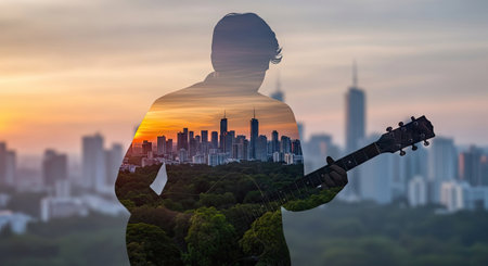 This image showcases a silhouette of a person playing a guitar, superimposed over a cityscape during sunset. The composition uses a double-exposure effect, blending the musician with the buildings and sky. The color palette includes warm tones with a focus on silhouette. Suitable for various editorial and commercial applications.の素材