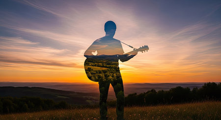 This image features a silhouetted figure playing a guitar, set against a vibrant sunset sky. The double exposure reveals a landscape scene. The colors are warm, and the composition focuses on the person and the instrument. This imagery could be utilized for various commercial and editorial projects.の素材