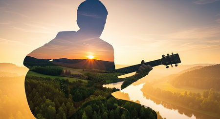 This image features a silhouette of a person holding a guitar with a scenic landscape overlaid within the form. The composition displays a warm color palette with sunlight and a lake. This image can be suitable for a variety of creative projects and marketing materials with themes related to music and nature.の素材