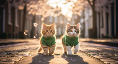 Two kittens, wearing matching green sweaters, stroll along a cobblestone path. The image features warm sunlight, creating a soft, inviting atmosphere. The composition emphasizes the animals, set against a blurred background, suggesting potential use in various commercial and editorial projects.の素材