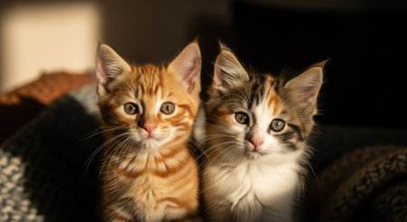 Two young kittens are captured in a close-up composition. One is orange tabby, the other calico. Both felines are illuminated by sunlight, highlighting their fur. This image could be used for various purposes, including editorial content or advertising campaigns that emphasize animal companionship.の素材