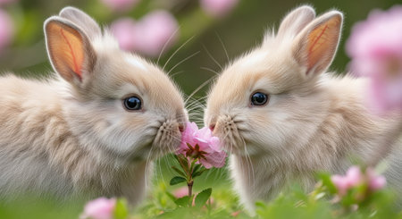 Two rabbits with soft beige fur interact near blossoming pink flowers. The image showcases natural textures and a shallow depth of field, with a focus on the rabbits' faces. The composition suggests an outdoor environment, possibly during daylight. Suitable for various editorial and commercial applications.の素材