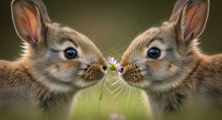 Two rabbits face each other in a close-up, sharing a single flower. Their brown fur contrasts with the green background, illuminated by soft lighting. The composition is in soft focus, and it suggests a natural environment. Suitable for various commercial and editorial applications, this image offers copy space.の素材
