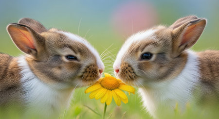Two rabbits with brown and white fur are featured, sharing a close moment with a yellow flower. The image exhibits a shallow depth of field, with soft focus on the background. The scene suggests an outdoor setting during the day, ideal for various editorial and commercial applications.の素材