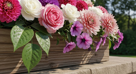 A close-up view displays a variety of colorful flowers including roses, dahlias, and petunias, arranged in a wooden planter. The composition showcases a mix of pinks, purples, and whites, with green foliage. The scene suggests an outdoor setting, possibly for decorative or editorial purposes.の素材