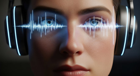 A woman is depicted with headphones, the image highlighting digital audio waves projected across her eyes. The composition uses cool blue tones and dynamic lines, with a soft focus effect. This visual concept could be suitable for illustrating themes related to technology, music, or digital communication in various commercial applications.の素材