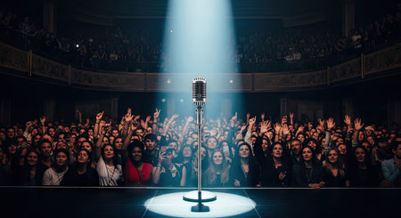A classic microphone stands center stage, illuminated by a bright spotlight. A large crowd of people fills the auditorium, their faces visible. The composition features a symmetrical arrangement, with a focus on the microphone as the main subject. This image may be suitable for various commercial uses related to performance, music, or public speaking.の素材