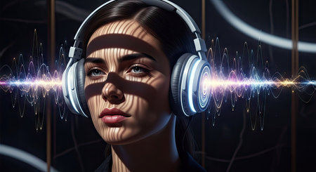 A woman is depicted wearing headphones, with vibrant sound waves emanating. The image showcases digital art, with attention to light and shadow creating a dynamic composition. It is a visually compelling illustration with potential for use in technology-related projects, editorial content, or promotional materials.の素材