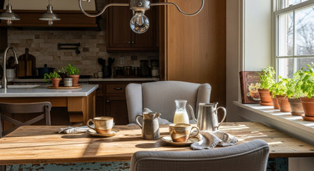 An inviting interior showcases a wooden table set with coffee cups and serving vessels. Natural light floods the space, illuminating the objects. The scene suggests a welcoming atmosphere, potentially suited for use in commercial advertising or editorial content. The composition features soft textures and warm color tones.の素材