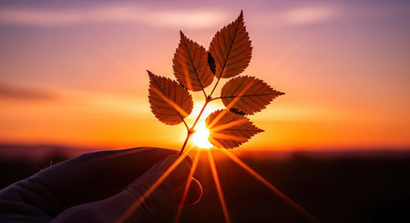 A hand holds a branch of leaves against a vivid sunset. The image displays warm orange and yellow colors from the setting sun, creating a silhouette effect. This image can be used for various purposes such as editorial illustrations, website backgrounds, or artistic presentations.の素材