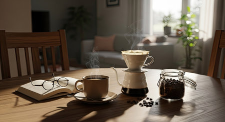 An image captures the process of brewing coffee, showcasing a cup, pour-over setup, and beans on a wooden table. The composition includes a book and glasses, suggesting a reading environment. Soft natural lighting suggests an indoor setting. This image could be used in various commercial applications.の素材