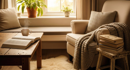 An inviting living room scene features an armchair draped with a blanket, alongside a table holding a book and a mug. Warm, diffused light bathes the room, illuminating various textures. This image may be suitable for illustrating home decor themes and lifestyle content.の素材