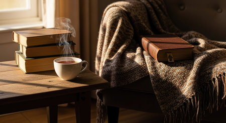 A book and a cup of tea sit on a wooden table beside a stack of books under natural sunlight. A soft blanket rests on a wooden chair near the window. The composition suggests a warm, inviting setting, suitable for various uses including editorial and marketing.の素材